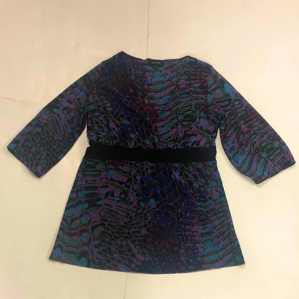 Karen Kane 2X Tunic V-neck wrap Multicolor Patterned & Black Belt Very Stretchy